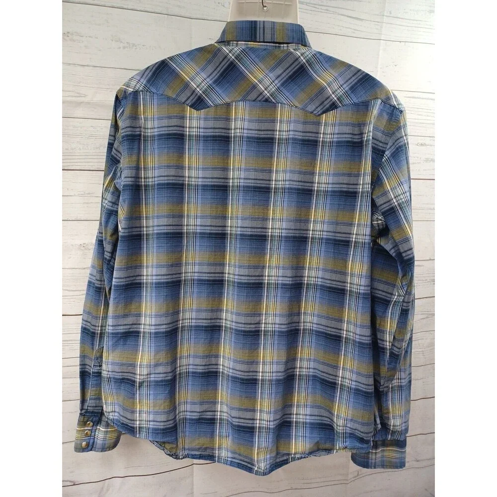 Wrangler American Cowboys Pearl Snaps Shirt Plaid Blue Long Sleeve XL